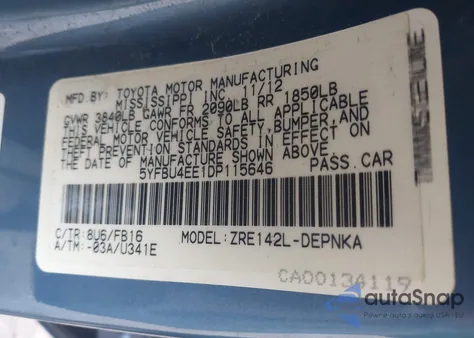 2013 Toyota Corolla Le из США, поврежденный, VIN 5YFBU4EE1DP115646